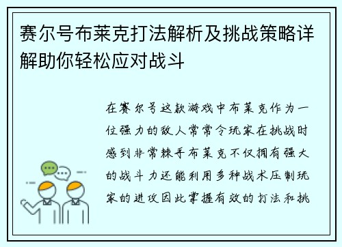 赛尔号布莱克打法解析及挑战策略详解助你轻松应对战斗