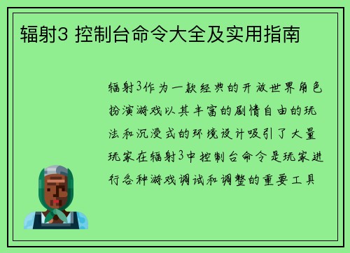 辐射3 控制台命令大全及实用指南