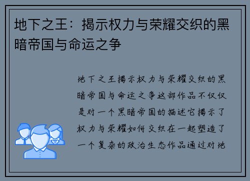 地下之王：揭示权力与荣耀交织的黑暗帝国与命运之争